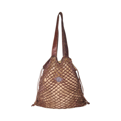 1990's Fendi Leather Fishnet Woven Flax Beach Bag