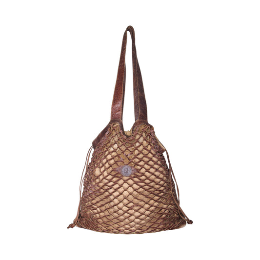 1990's Fendi Leather Fishnet Woven Flax Beach Bag