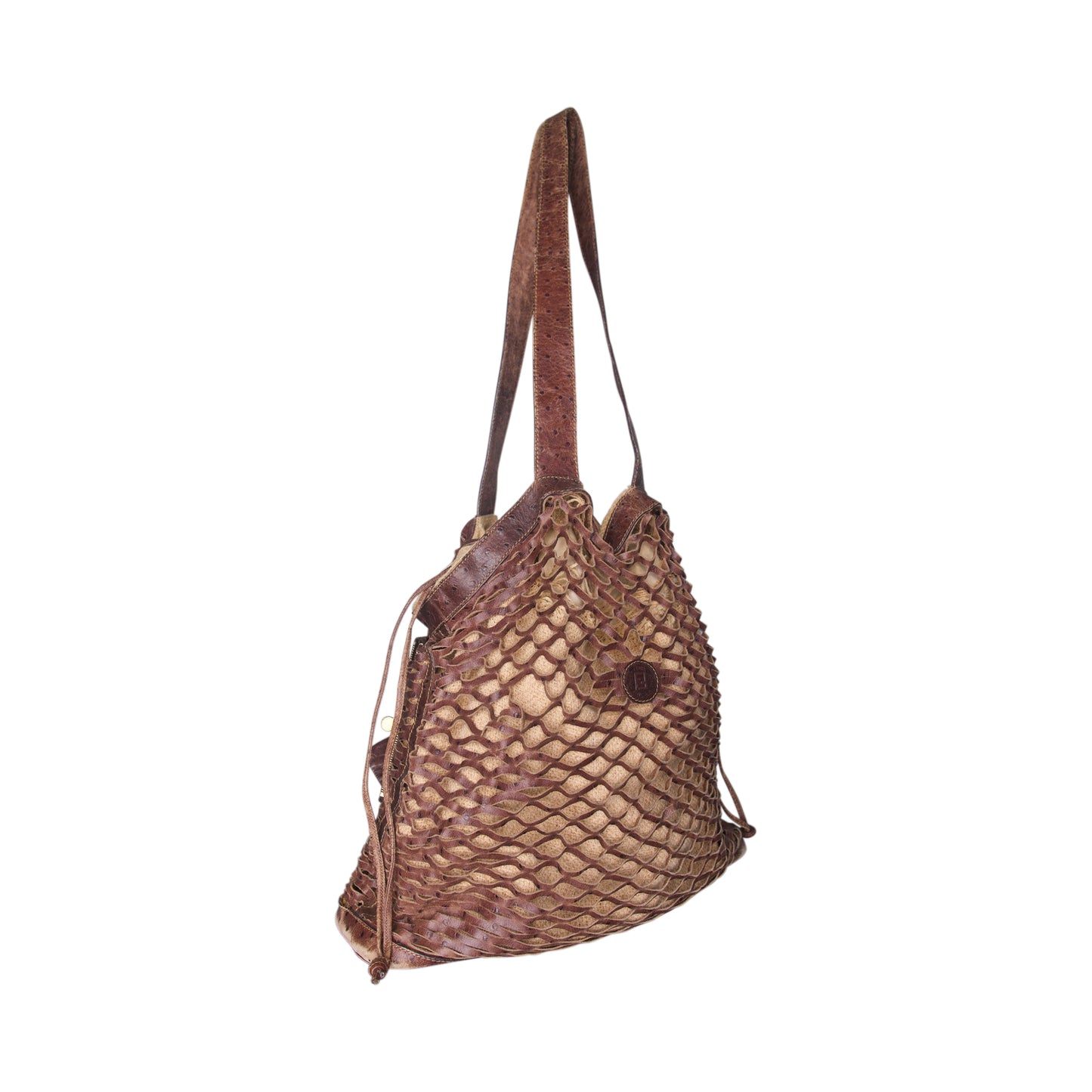1990's Fendi Leather Fishnet Woven Flax Beach Bag