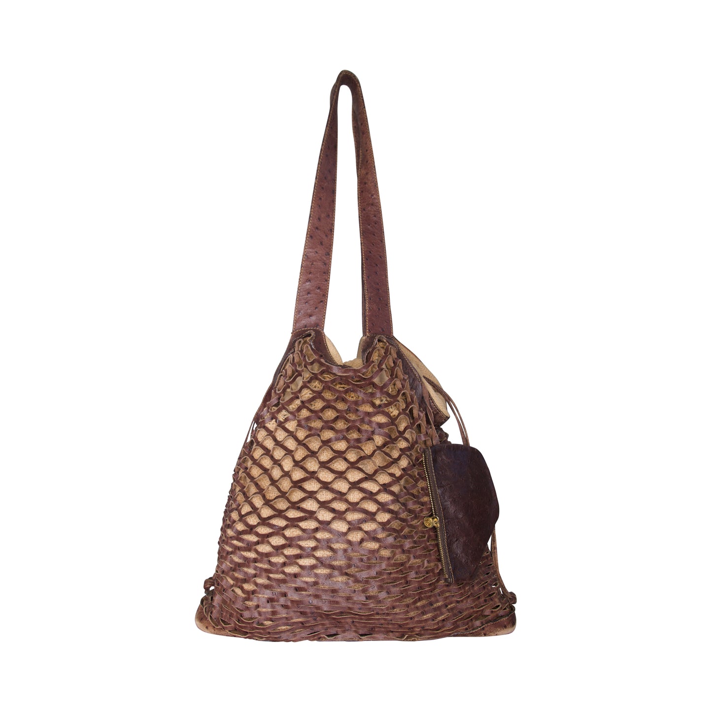 1990's Fendi Leather Fishnet Woven Flax Beach Bag