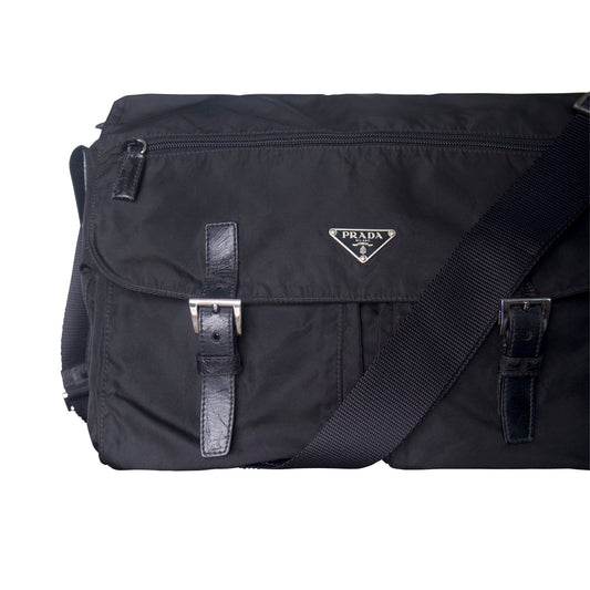 Prada Tessuto Nylon Black Buckled Crossbody Messenger Bag