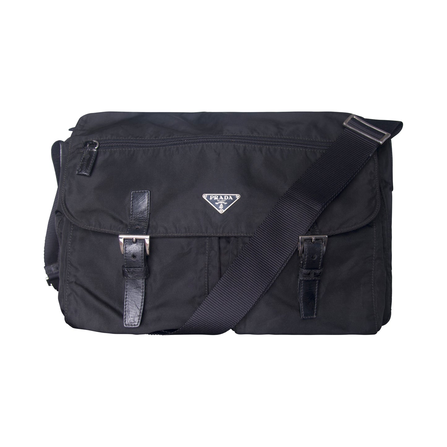 Prada Tessuto Nylon Black Buckled Crossbody Messenger Bag