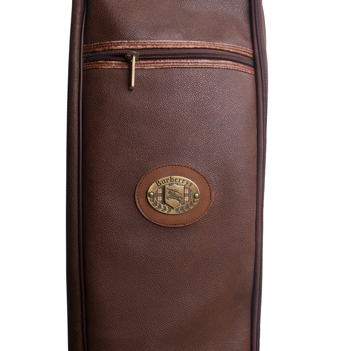 1990's Burberry Haymarket Check Patina Brown Leather Golf Bag