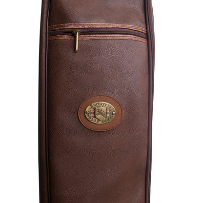 1990's Burberry Haymarket Check Patina Brown Leather Golf Bag