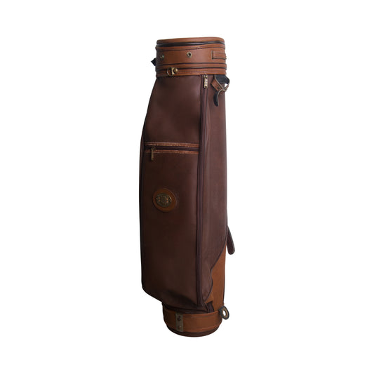 1990's Burberry Haymarket Check Patina Brown Leather Golf Bag