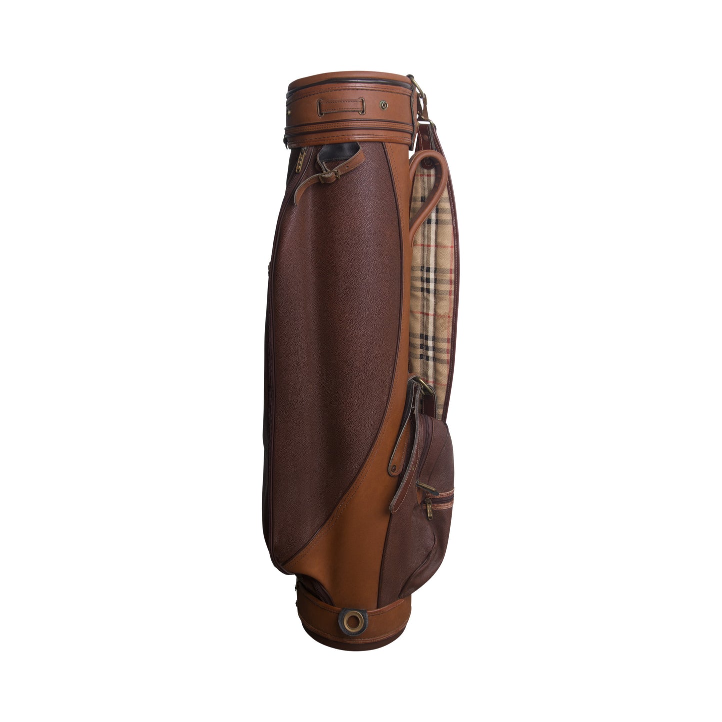 1990's Burberry Haymarket Check Patina Brown Leather Golf Bag