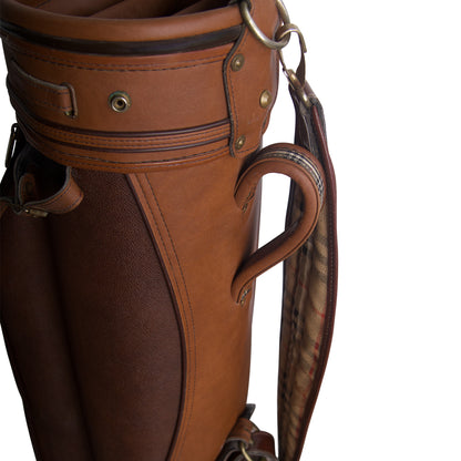 1990's Burberry Haymarket Check Patina Brown Leather Golf Bag