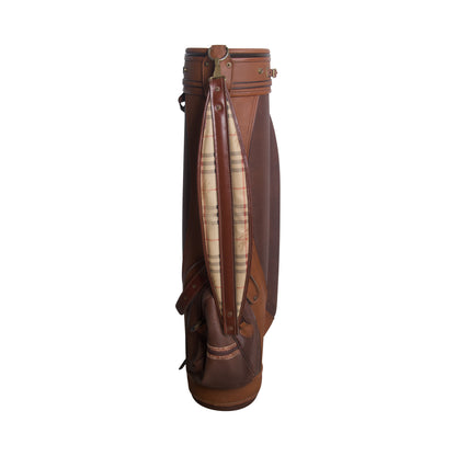1990's Burberry Haymarket Check Patina Brown Leather Golf Bag