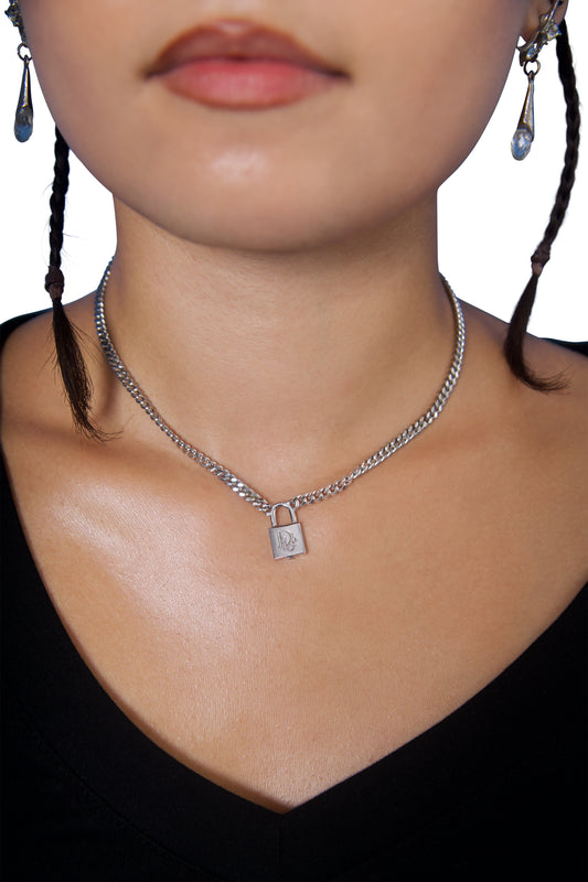 Christian Dior Padlock Charm Silver Chain Necklance