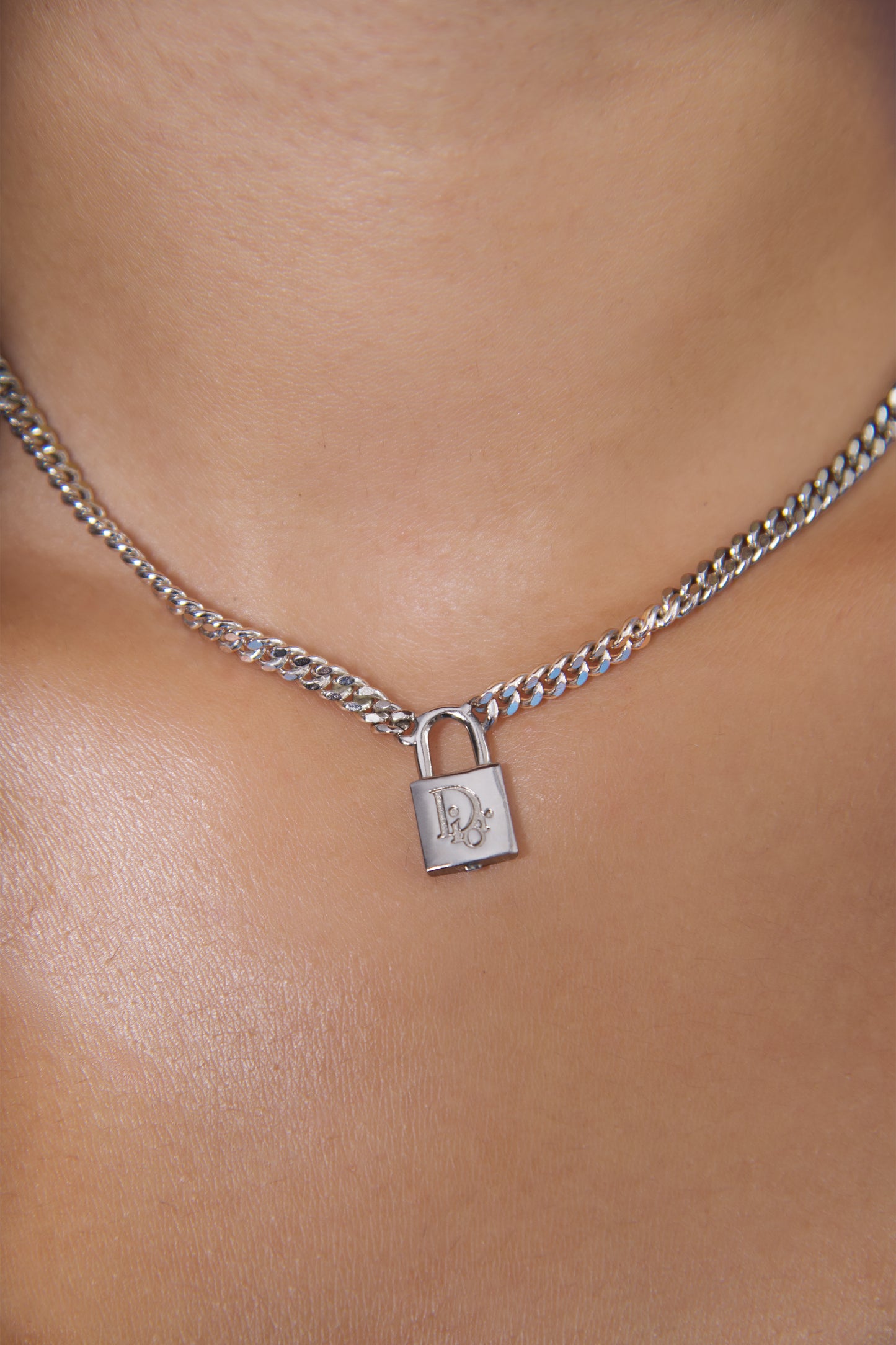 Christian Dior Padlock Charm Silver Chain Necklance