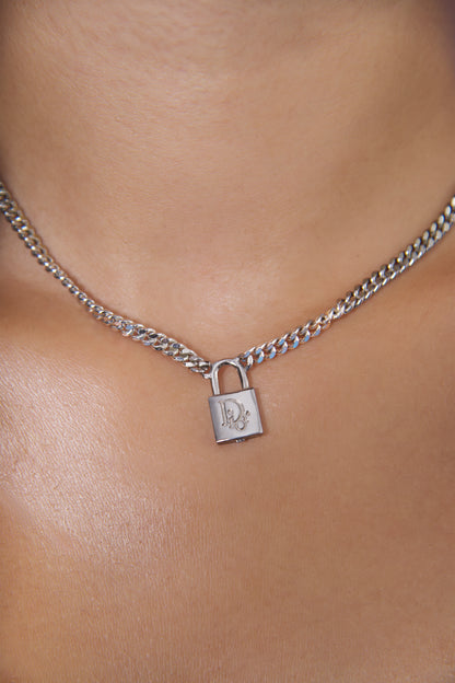 Christian Dior Padlock Charm Silver Chain Necklance
