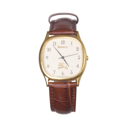 1990s Burberry Gold Steel Brown Croc Strap Watch (4631-E66084)