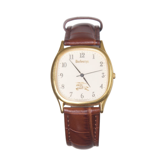 1990s Burberry Gold Steel Brown Croc Strap Watch (4631-E66084)