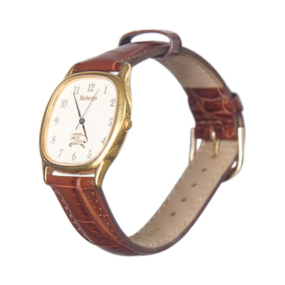 1990s Burberry Gold Steel Brown Croc Strap Watch (4631-E66084)