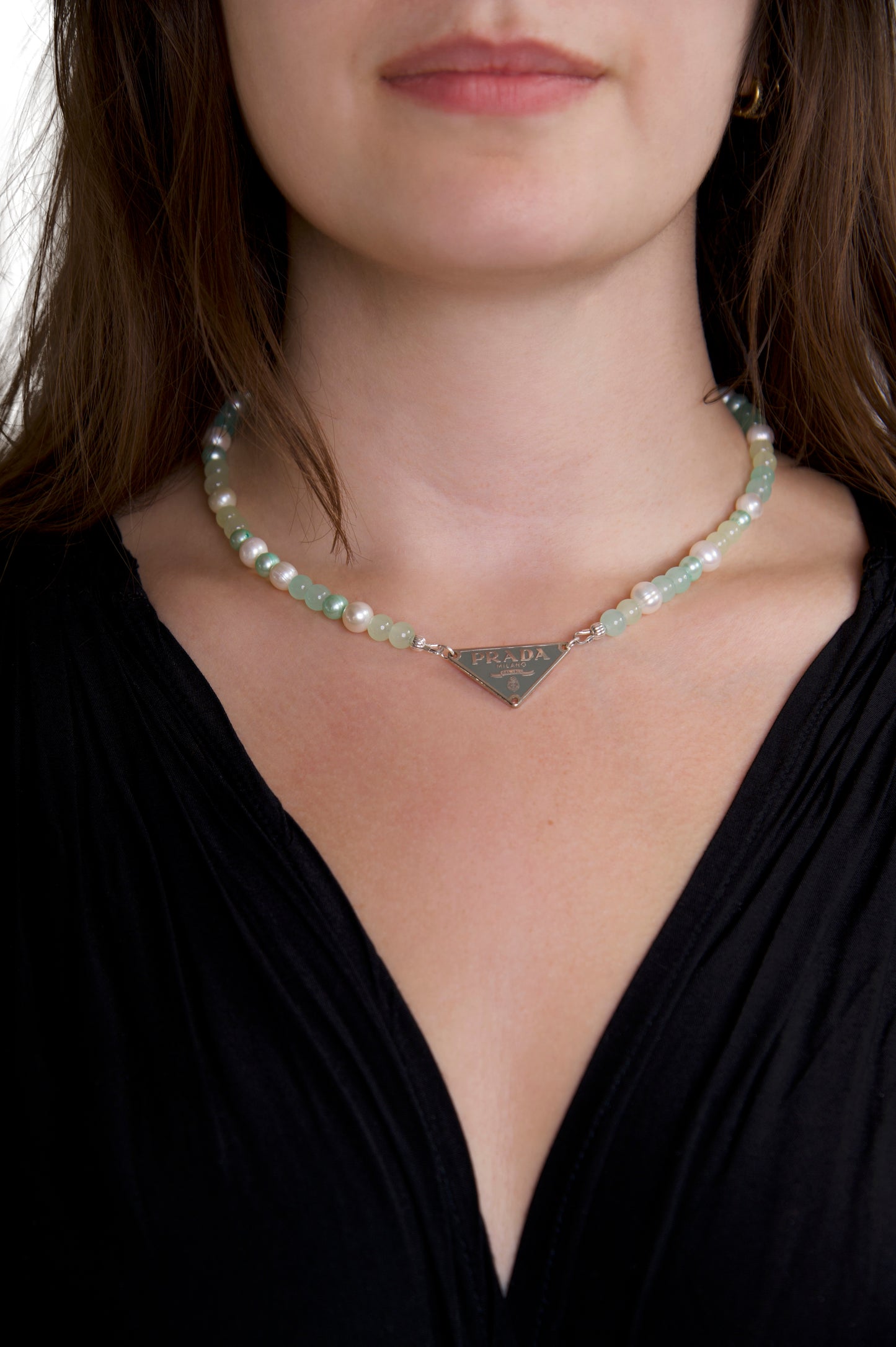VT Rework: Prada Embellem Amazonite and Pearl Beaded Necklace