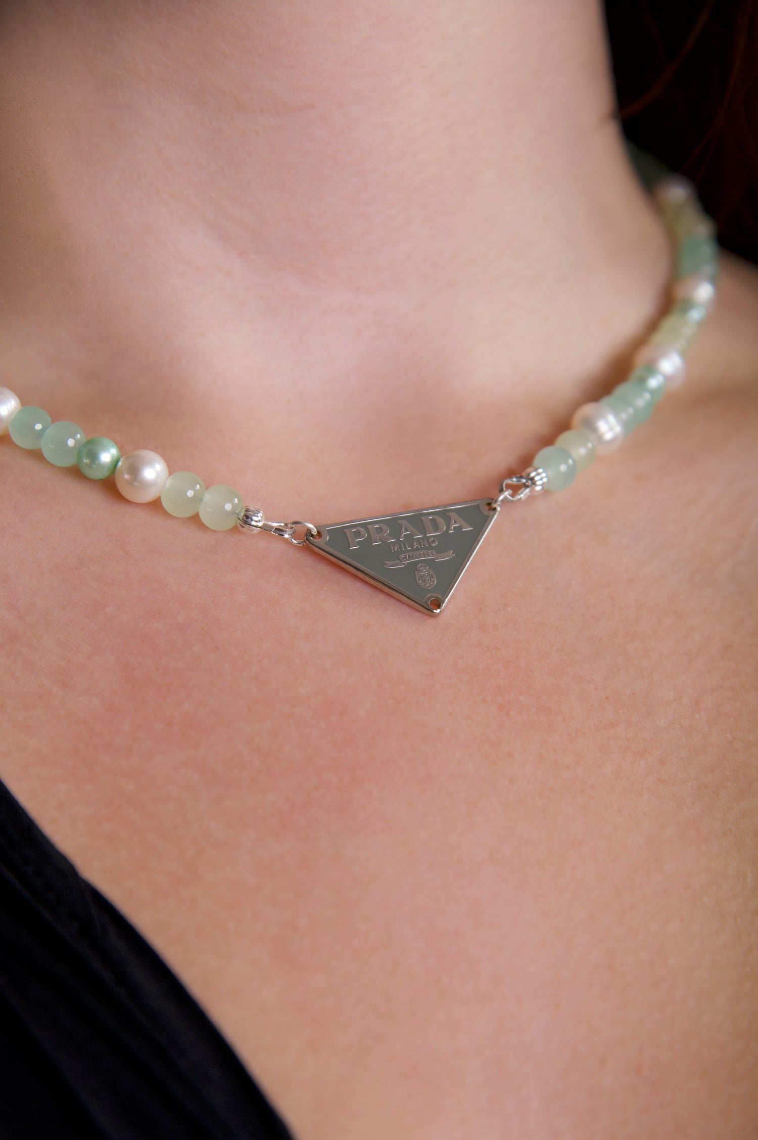 VT Rework: Prada Embellem Amazonite and Pearl Beaded Necklace