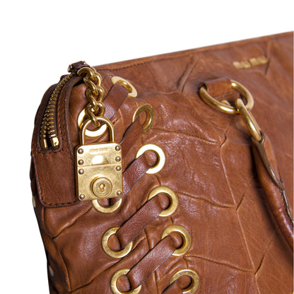 Miu Miu Tan Chevrom Leather Grommet Tote Bag