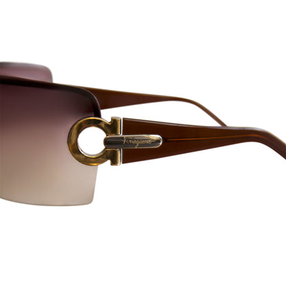 Salvatore Ferragamo Gold Tone Gancini Logo Brown Shield Sunglasses