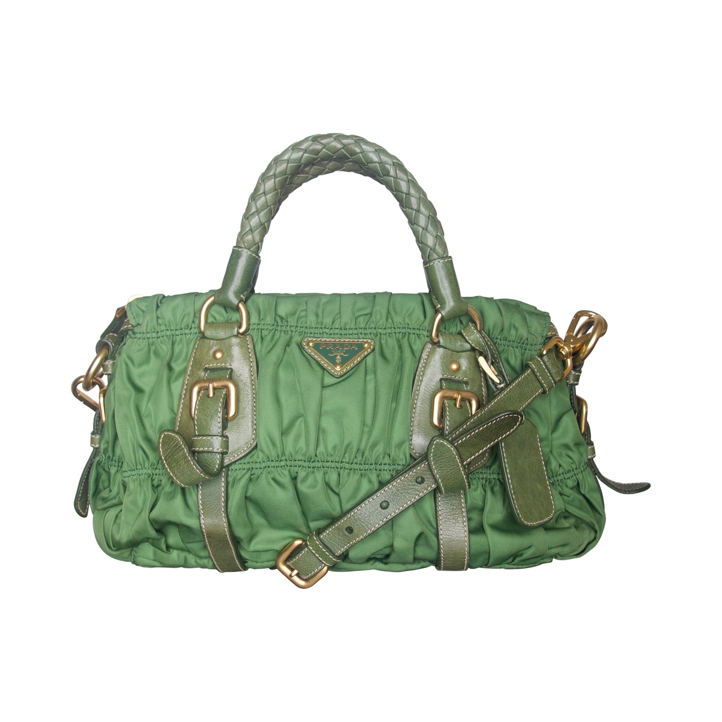 Prada Tessuto Gaufre Olive Ruched Sachel Bag