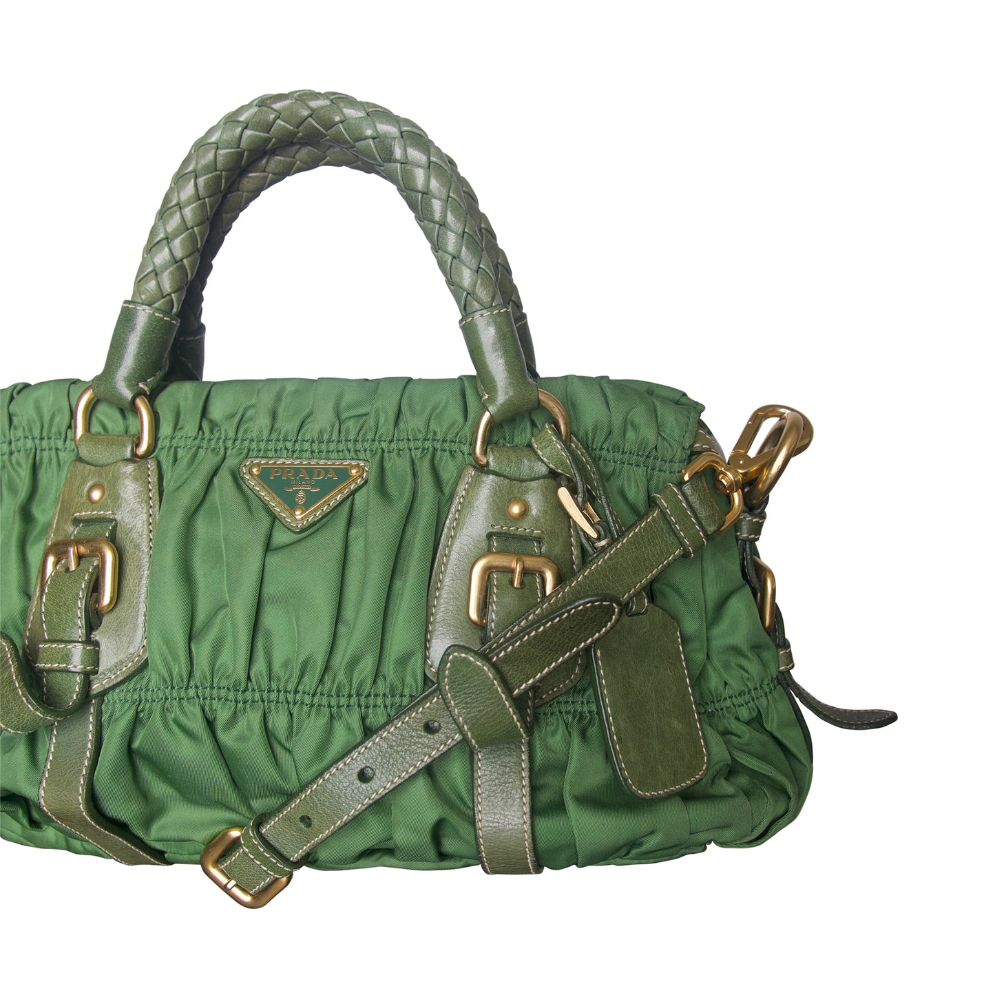 Prada Tessuto Gaufre Olive Ruched Sachel Bag