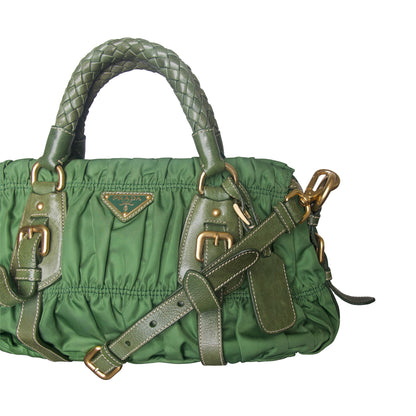 Prada Tessuto Gaufre Olive Ruched Sachel Bag
