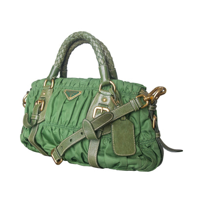 Prada Tessuto Gaufre Olive Ruched Sachel Bag