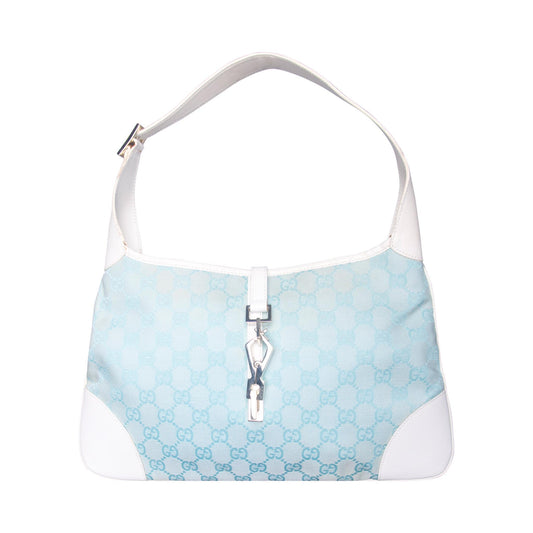 2000s Gucci Pale Blue GG Monogram White Leather Strap Jackie Bag