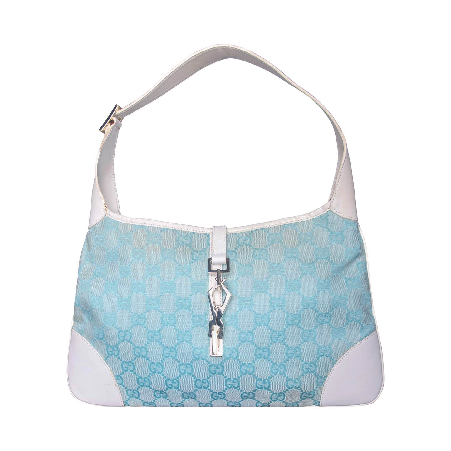 2000s Gucci Pale Blue GG Monogram White Leather Strap Jackie Bag