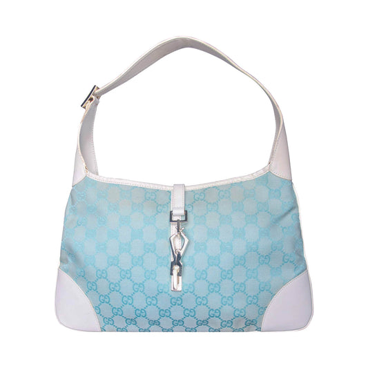 2000s Gucci Pale Blue GG Monogram White Leather Strap Jackie Bag