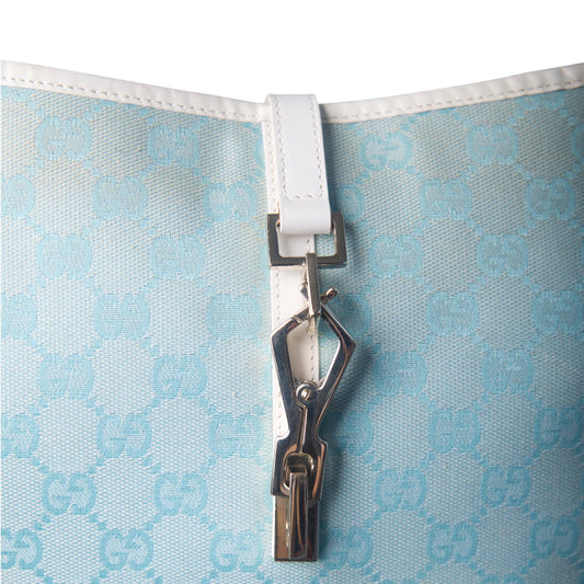 2000s Gucci Pale Blue GG Monogram White Leather Strap Jackie Bag