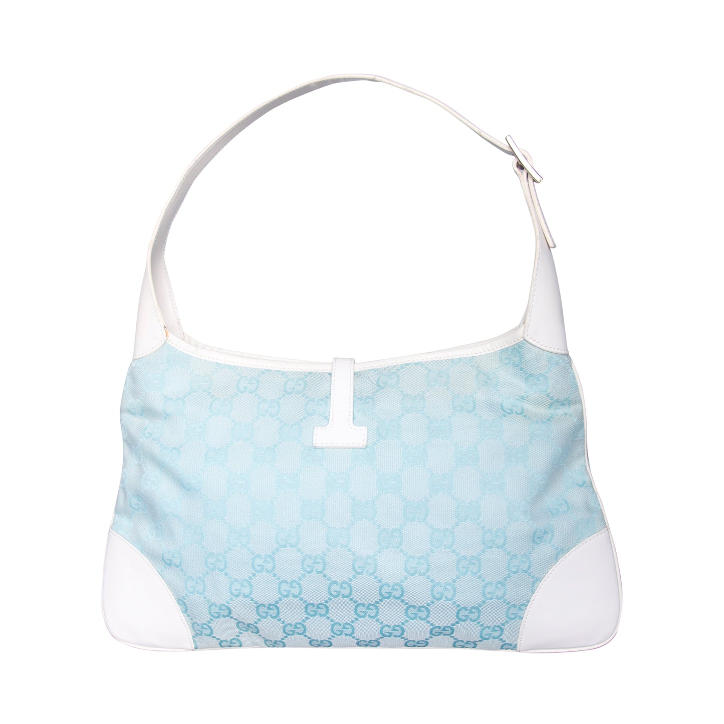 2000s Gucci Pale Blue GG Monogram White Leather Strap Jackie Bag