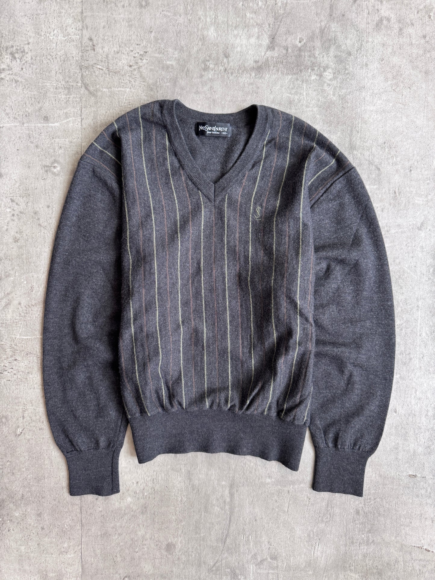 YSL Grey Stripe V Neck Sweater