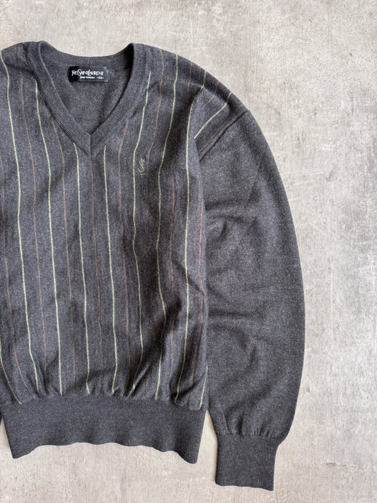YSL Grey Stripe V Neck Sweater
