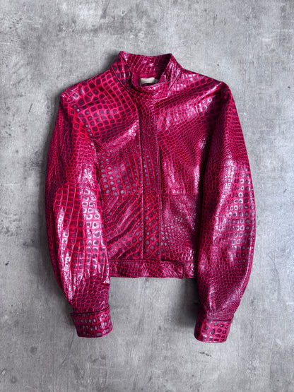 Pinko Croc Cherry Red Leather Jacket