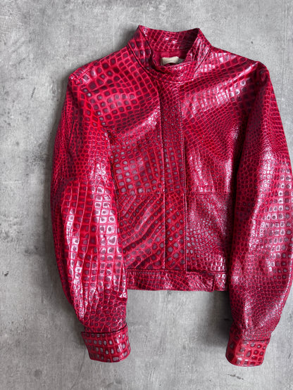 Pinko Croc Cherry Red Leather Jacket