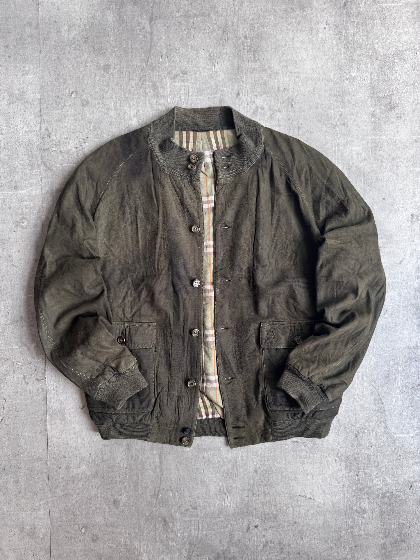 Burberry Khaki Suede Ribbed Wool Trim Bomber Jacket