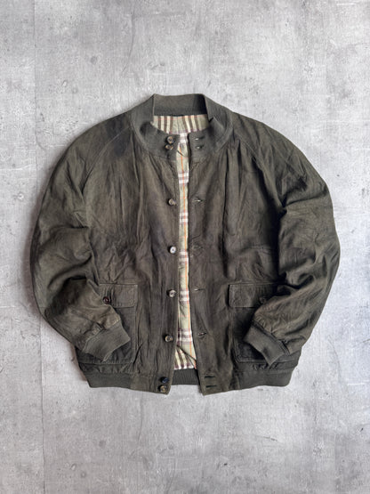 Burberry Khaki Suede Ribbed Wool Trim Bomber Jacket