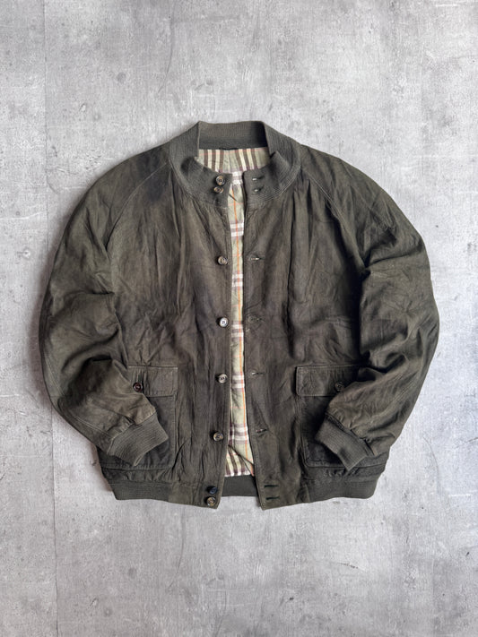 Burberry Khaki Suede Ribbed Wool Trim Bomber Jacket
