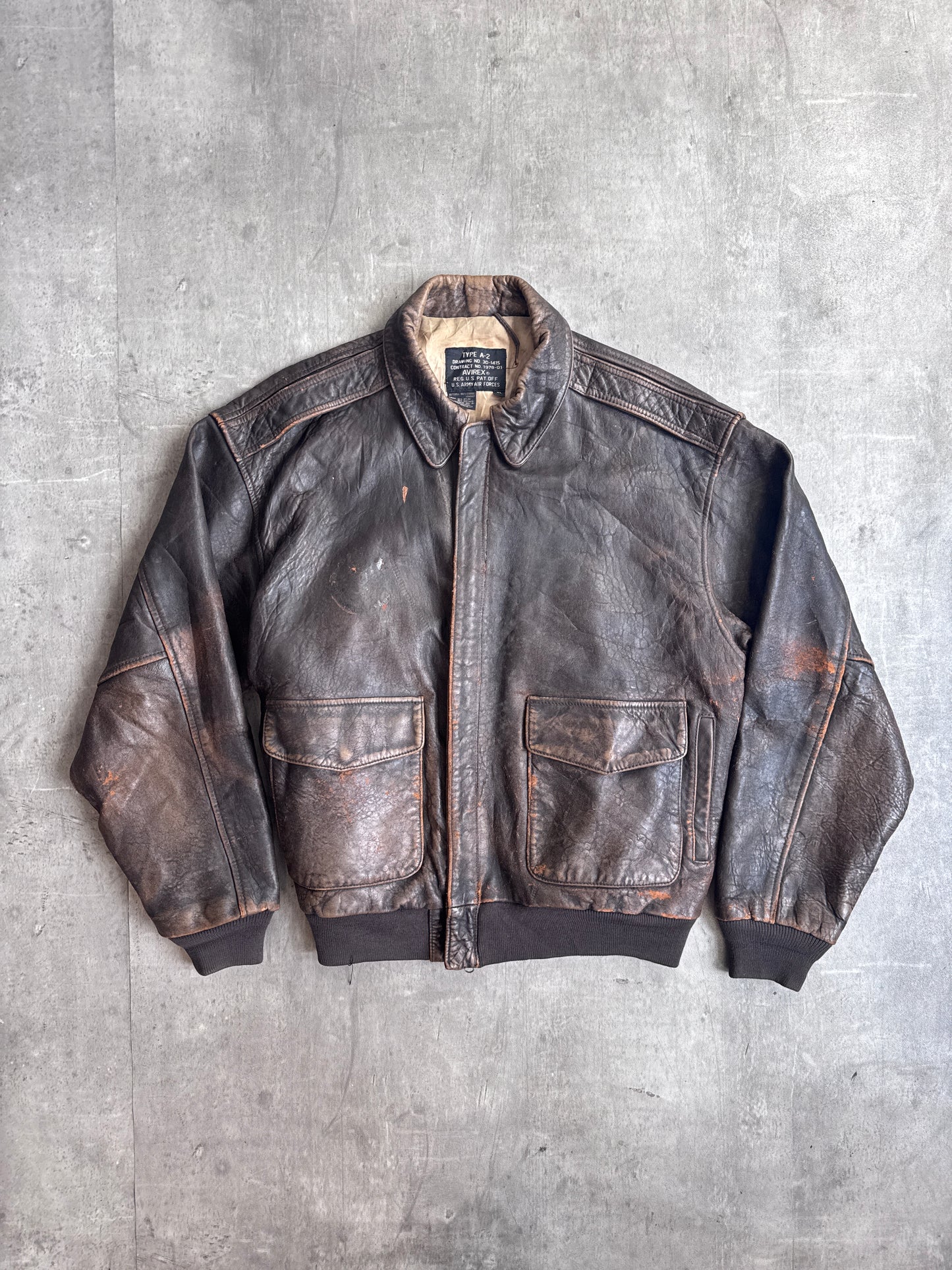 1990's Avirex A-2 Distressed Brown Leather Flyers Bomber Jacket