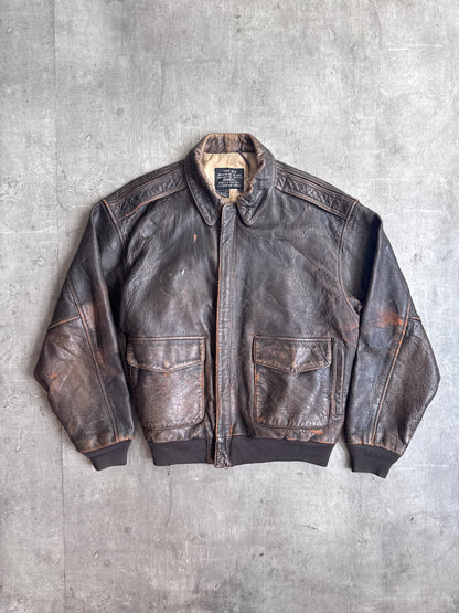 1990's Avirex A-2 Distressed Brown Leather Flyers Bomber Jacket
