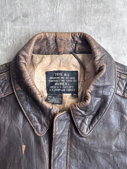 1990's Avirex A-2 Distressed Brown Leather Flyers Bomber Jacket