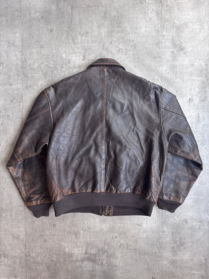 1990's Avirex A-2 Distressed Brown Leather Flyers Bomber Jacket