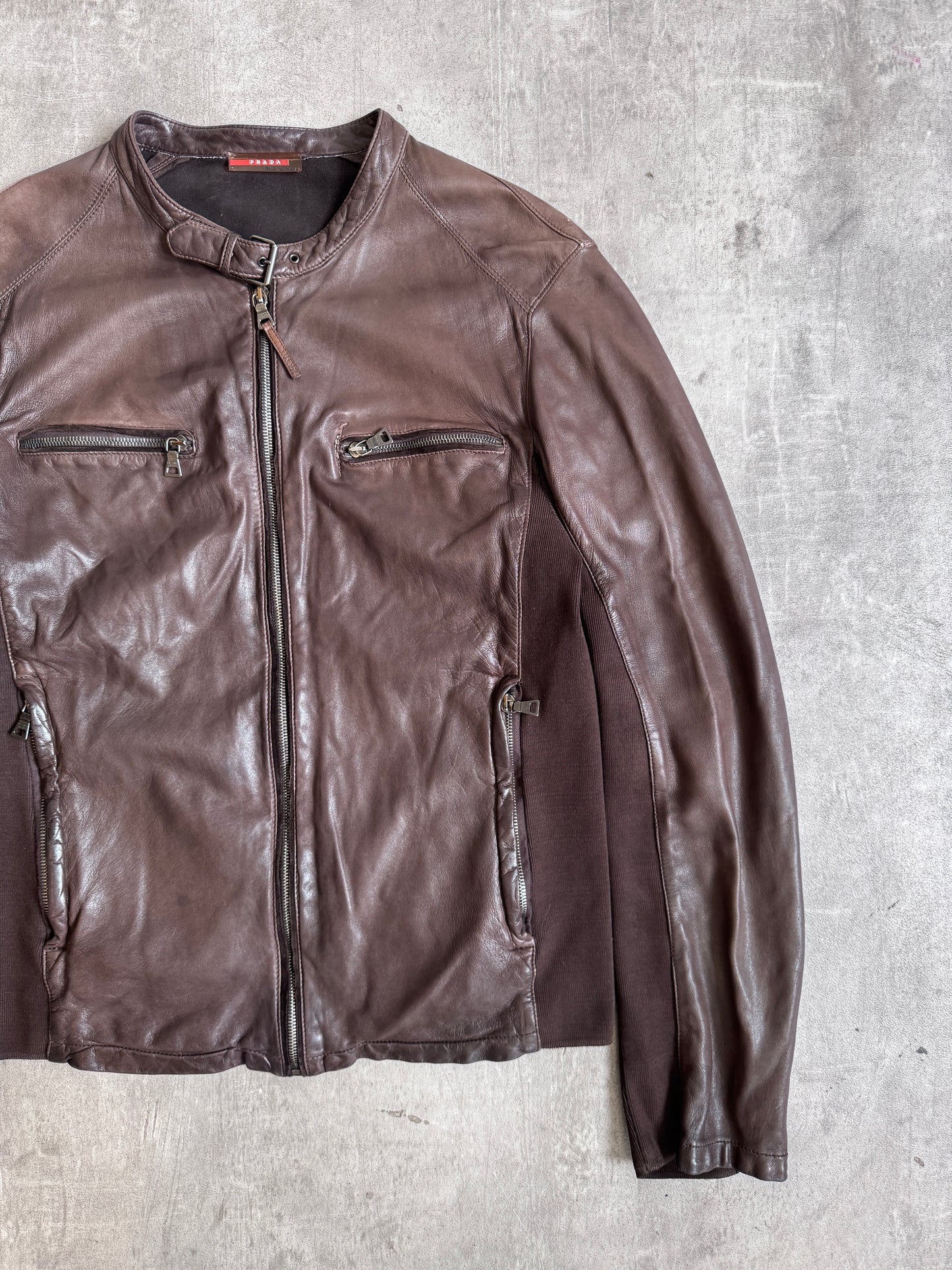 Prada Model SY183 Brown Leather Moto Jacket