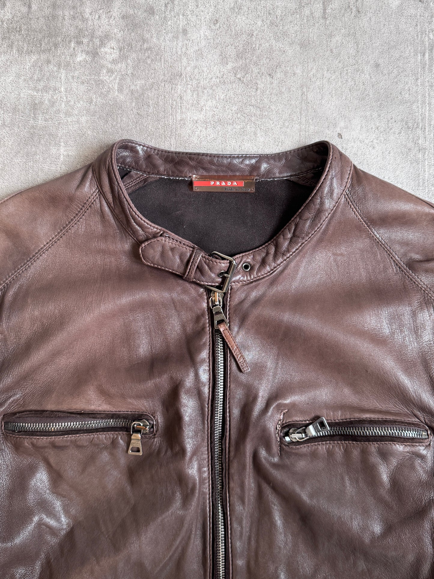 Prada Model SY183 Brown Leather Moto Jacket