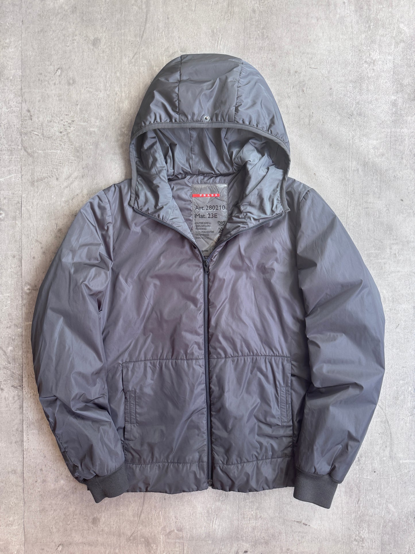 Prada Grey Nylon Insulated Hooded Technical Rain Jacket