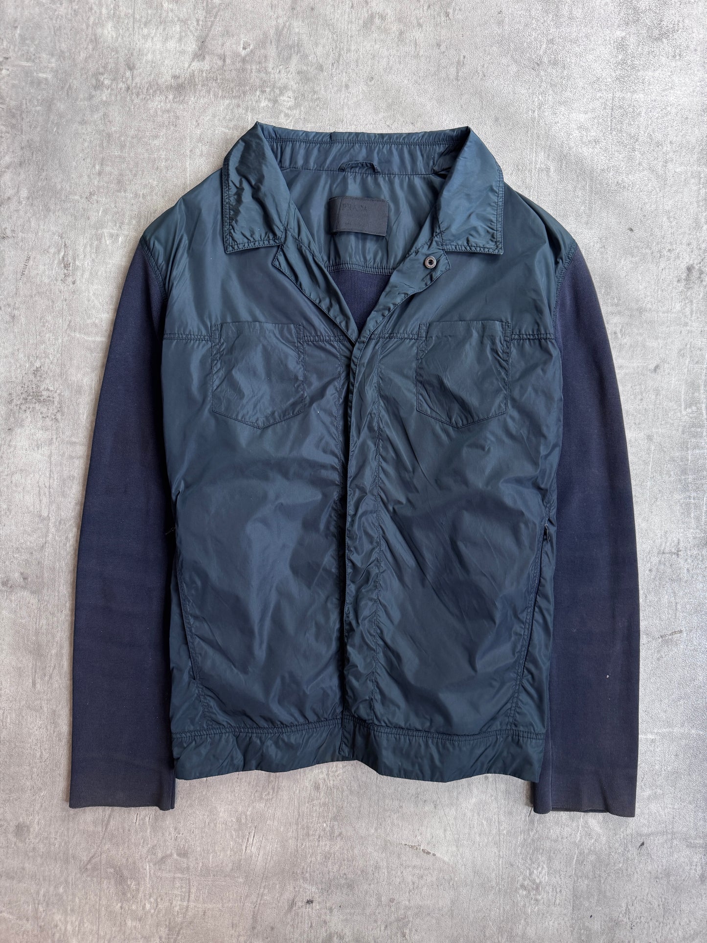 Prada Knit Sleeve Khaki Nylon Button Up Jacket