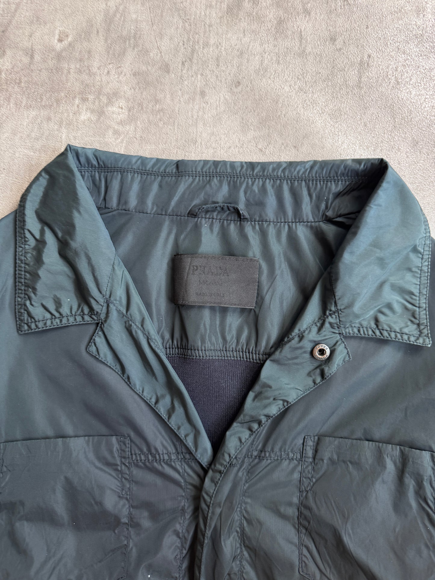 Prada Knit Sleeve Khaki Nylon Button Up Jacket