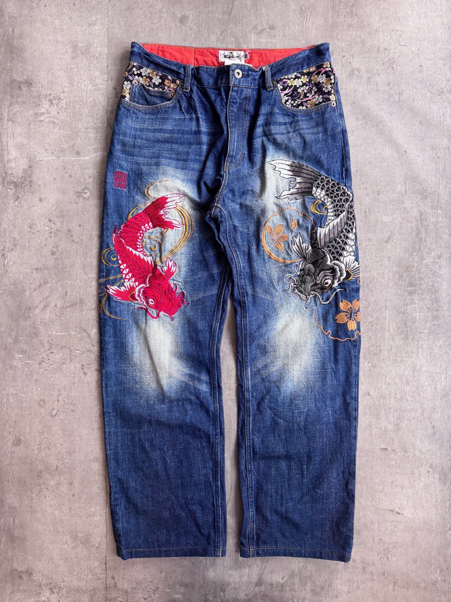 Kara Kuri Koi Embroidered Floral Denim Jeans