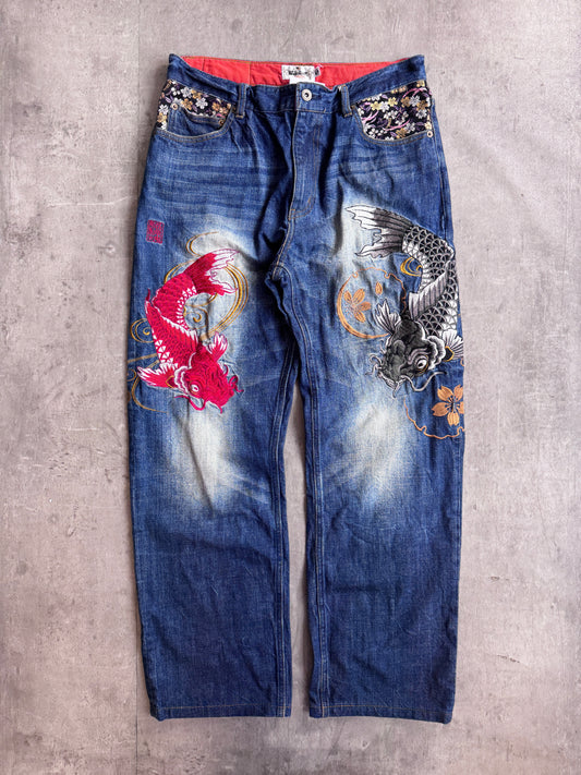 Kara Kuri Koi Embroidered Floral Denim Jeans