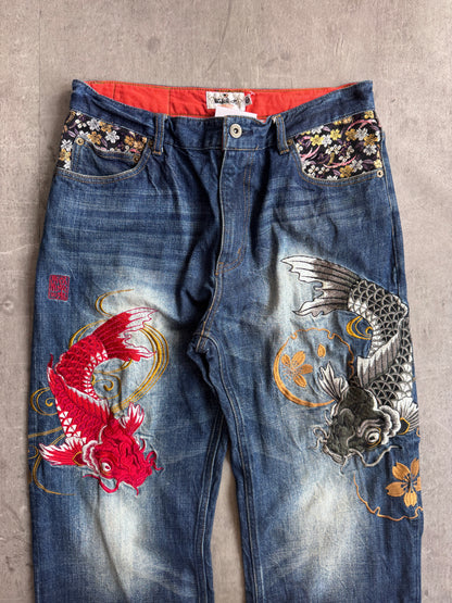 Kara Kuri Koi Embroidered Floral Denim Jeans